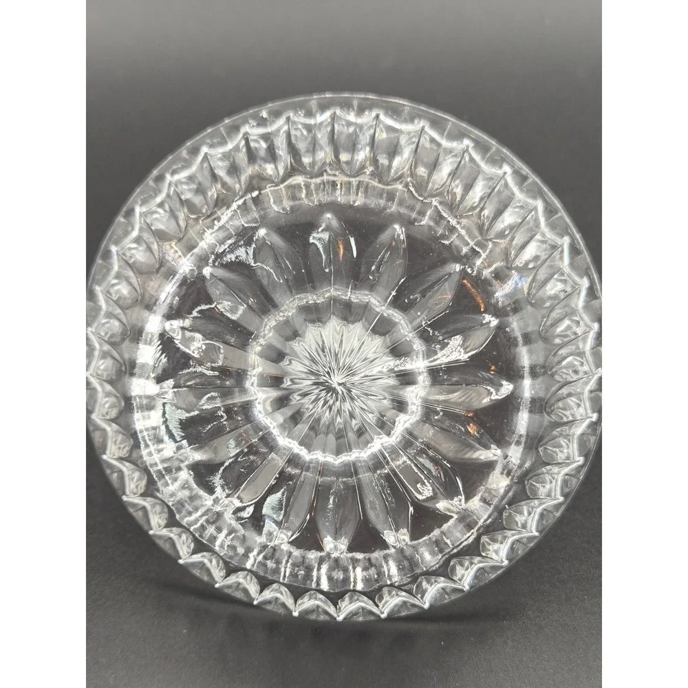 Vtg Clear Pressed Etched Glass Ring Holder Sunburst Base Jewelry Trinket Dish